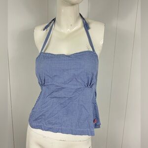 Polo Jeans Co Womens Vintage Plaid Halter Blue Crop Top Casual Cotton